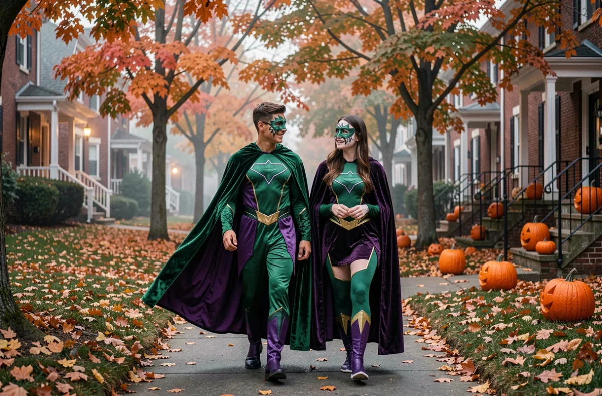 Deux adolescents déguisés en super-héros assortis avec des capes en velours vert et violet faisant la tournée des bonbons Halloween dans une allée arborée en automne
