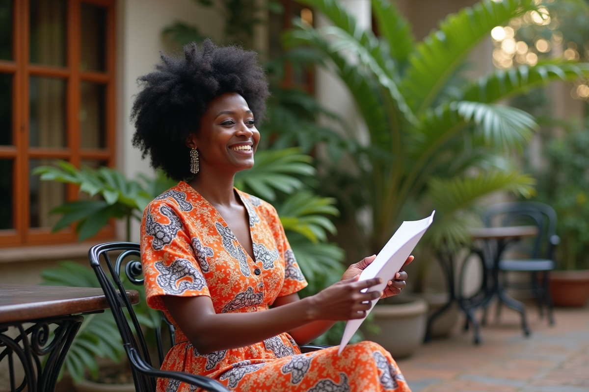 Femme créatrice africaine dans son jardin avec sa robe
