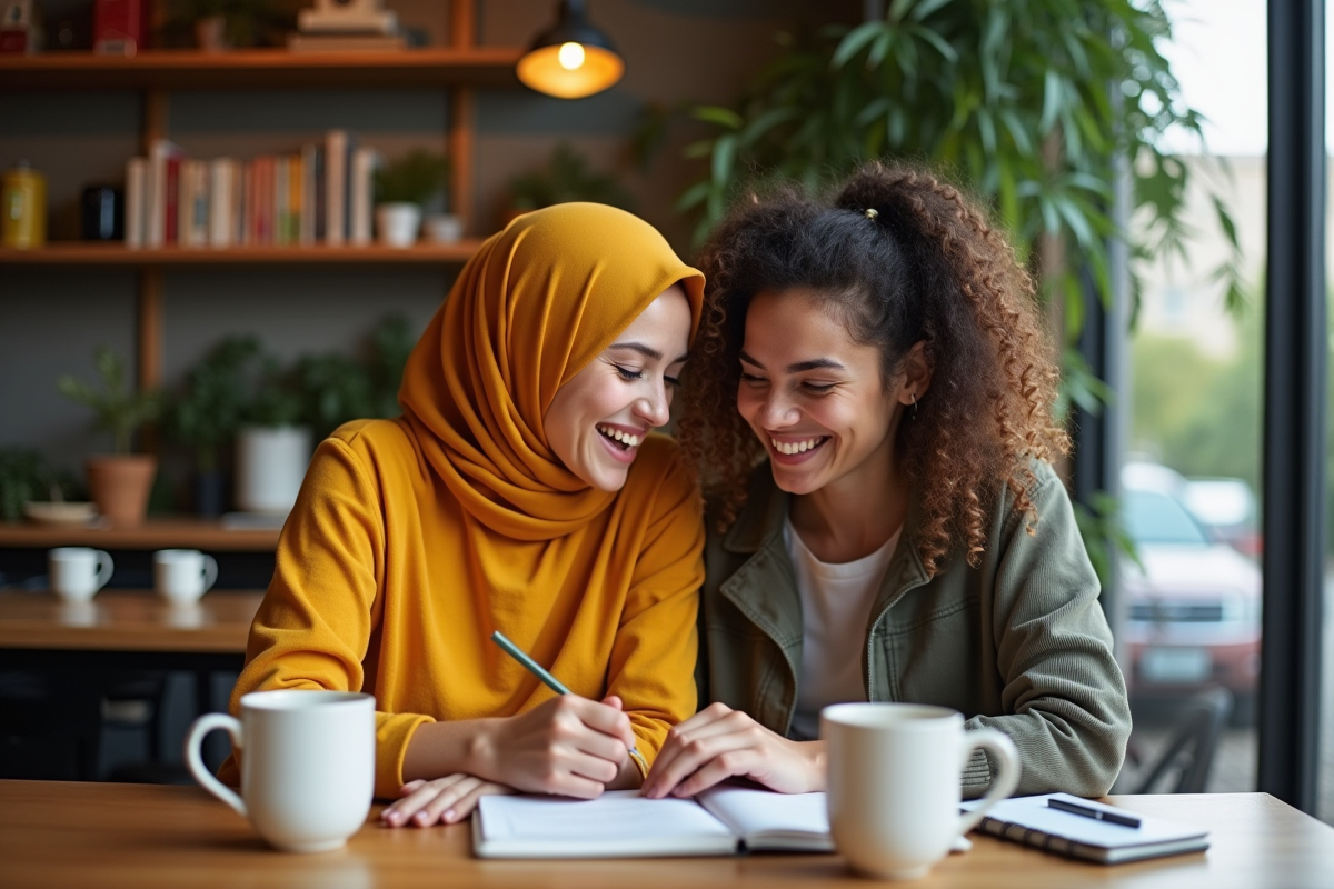 Deux femmes rient ensemble dans un café chaleureux