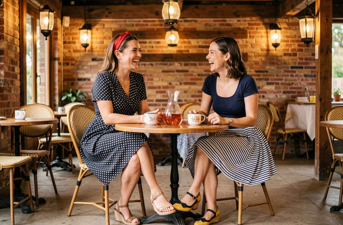 Deux femmes en tenues guinguette rétro, robe pois et jupe rayée marinière, attablées dans une guinguette décorée façon brocante