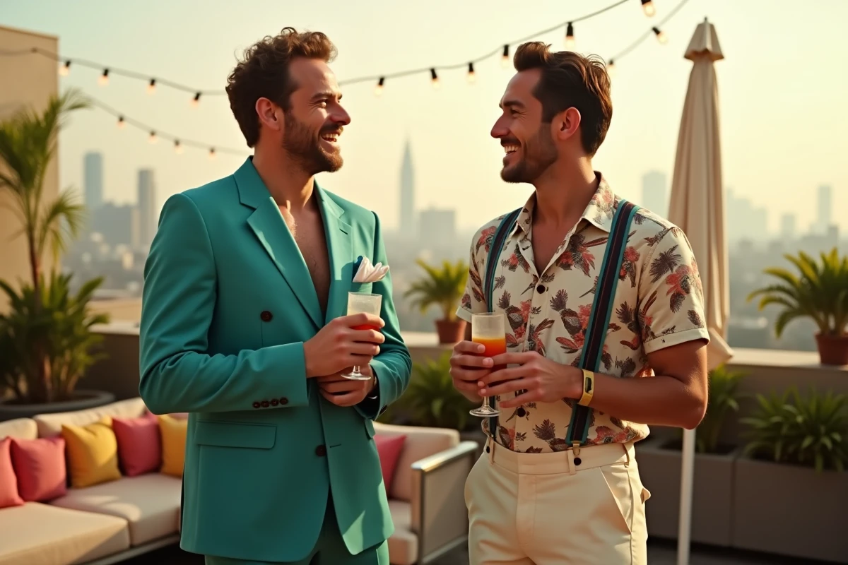 Deux hommes en tenues années 80 colorées lors d'une soirée sur rooftop, look rétro festif et stylé