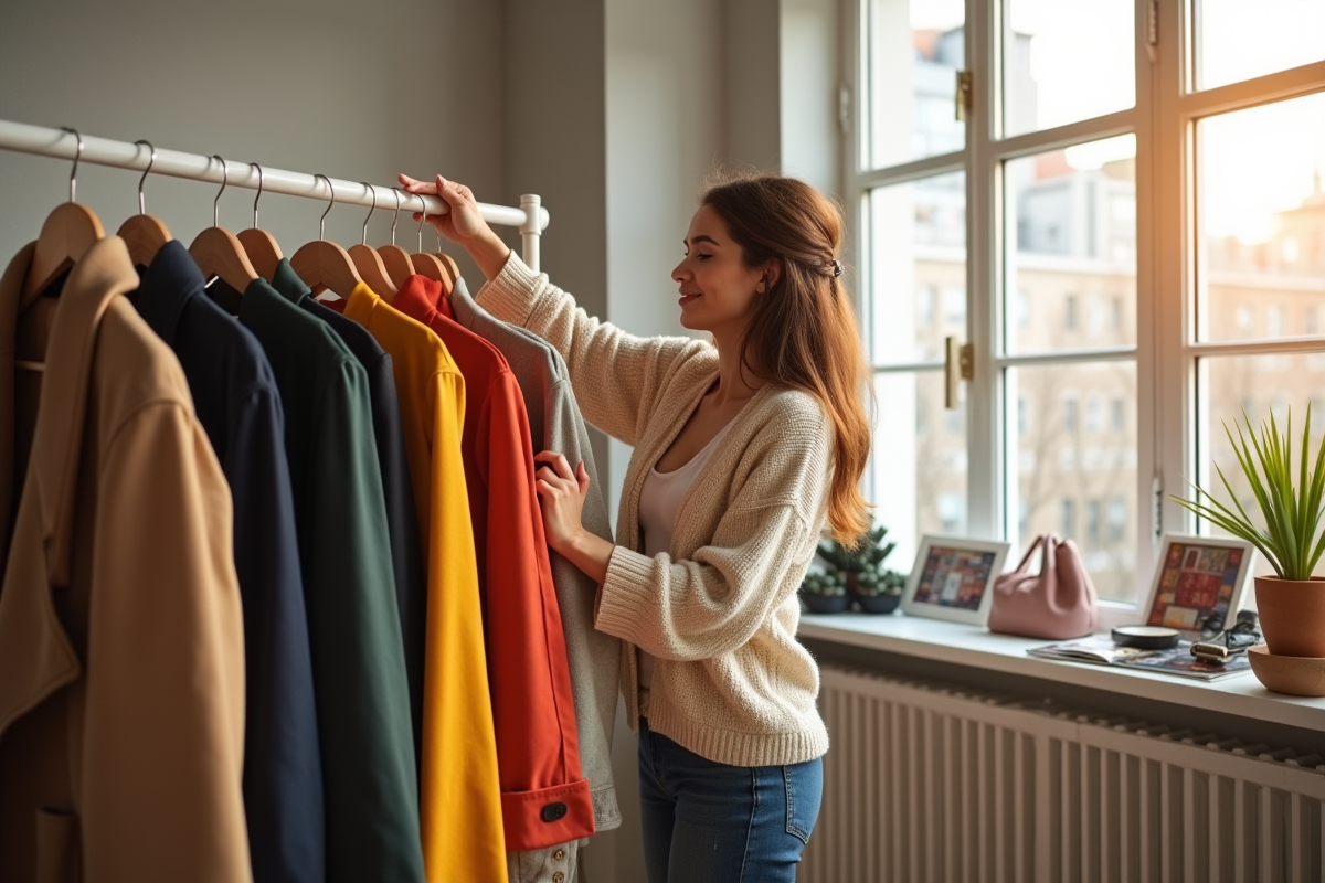 Influenceuse arrangeant une vitrine de vêtements colorés