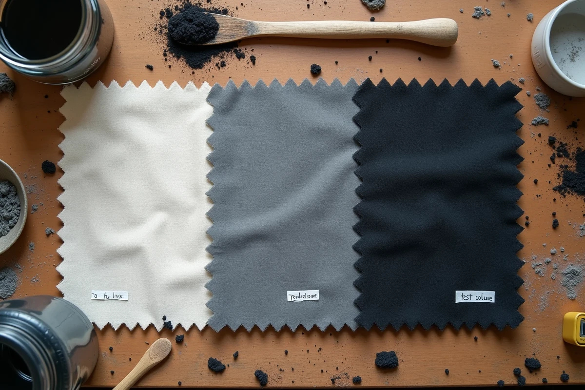 Échantillons de tissu polyester teignant progressivement de l'ivoire au gris puis au noir charbon sur une table d'atelier avec des outils de teinture
