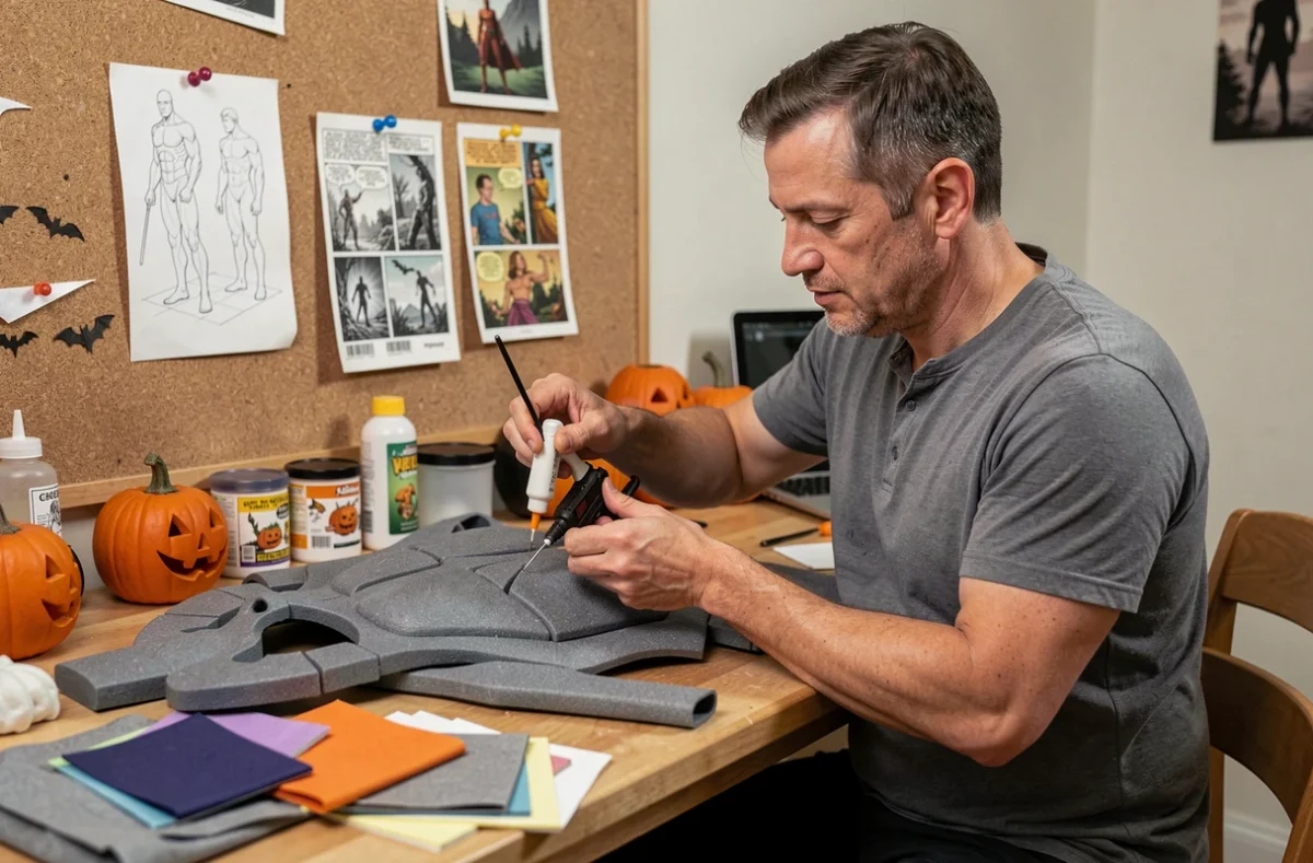 Homme adulte en train de confectionner artisanalement son déguisement de super-héros Halloween à une table de bricolage entourée de matériaux et de références de costumes