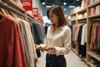 Femme analysant une étiquette de prix lors d'un grand déstockage en magasin, entourée de panneaux de réduction