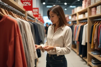 Femme analysant une étiquette de prix lors d'un grand déstockage en magasin, entourée de panneaux de réduction