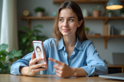 Jeune femme avec smartphone et diagramme visage