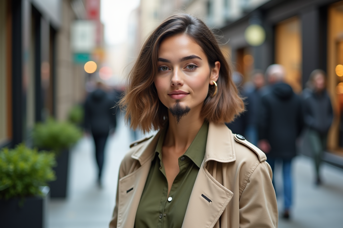 Femme avec barbe tendance dans une rue urbaine animée