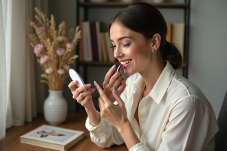 Femme élégante se maquillant dans un intérieur moderne