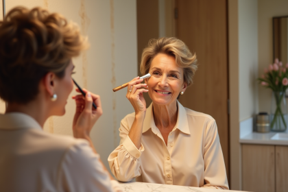Femme élégante appliquant maquillage dans salle de bain