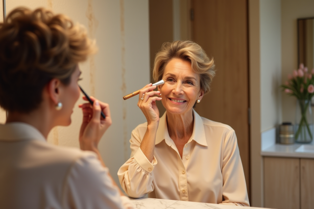 Femme élégante appliquant maquillage dans salle de bain