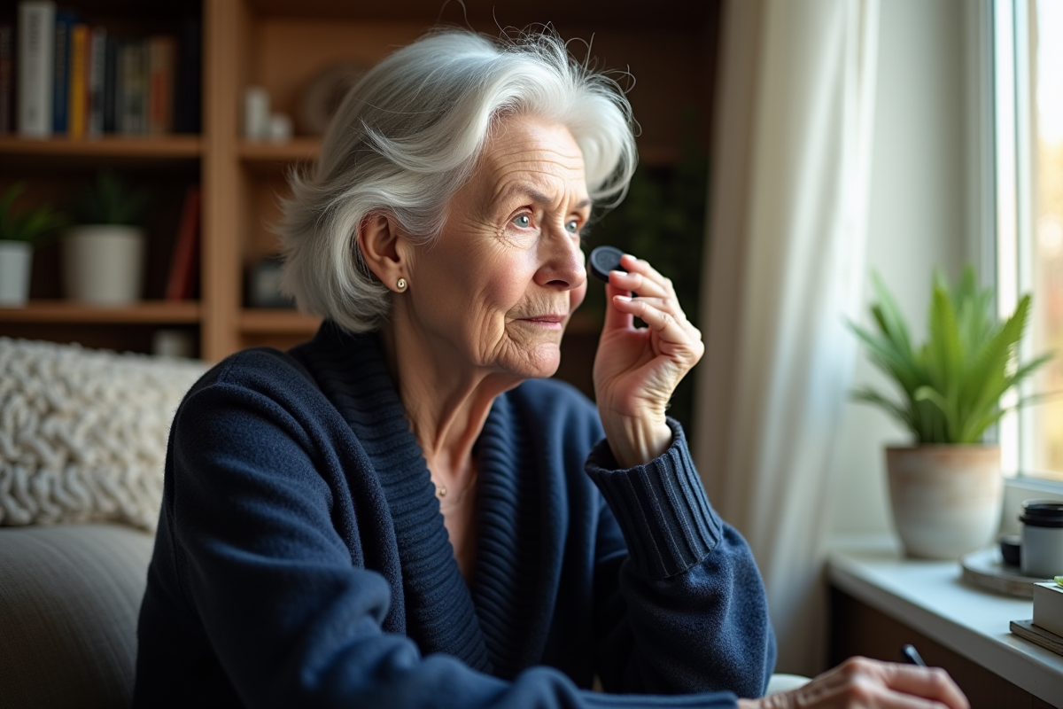 Femme aux cheveux gris maquillant ses yeux près de la fenêtre