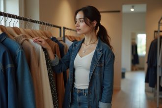 Femme stylée choisissant des vêtements dans une boutique moderne