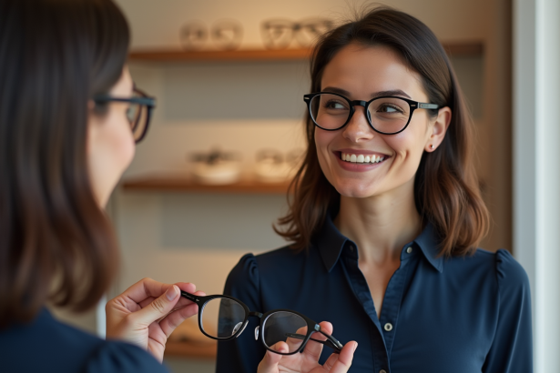 Femme souriante choisissant des lunettes dans une boutique moderne