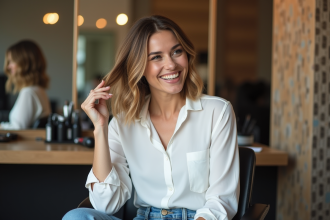 Femme souriante dans un salon de coiffure moderne