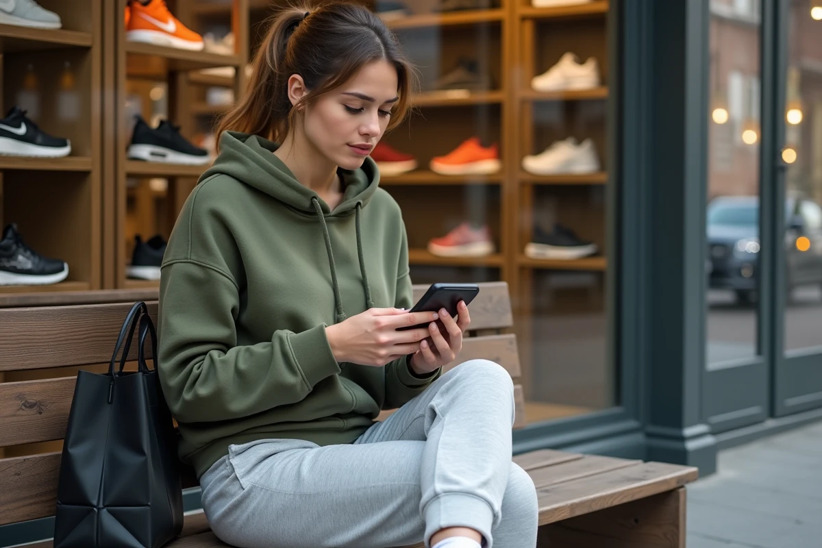 Femme consultant les prix de sneakers sur son téléphone devant une boutique urbaine