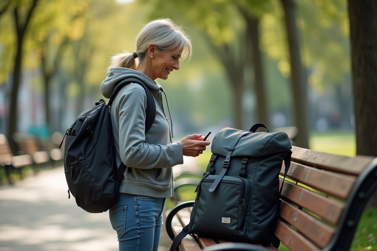 Femme comparant deux sacs à dos dans un parc urbain