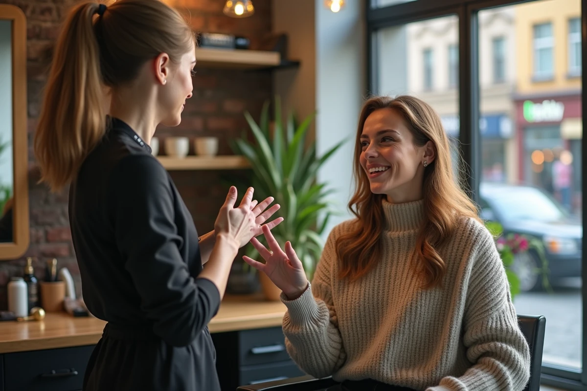 Femme expliquant sa coupe de cheveux au salon urbain