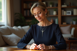 Femme élégante avec collier en perles dans un intérieur cosy
