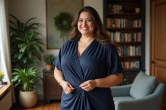 Femme confiante en robe navy dans un salon élégant