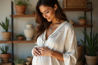 Femme enceinte tenant un bola de grossesse artisanal en argent dans une boutique de créateurs