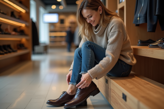 Femme d'âge moyen essayant des chaussures en magasin