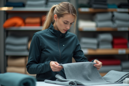 Jeune femme analysant un tissu technique dans un atelier textile
