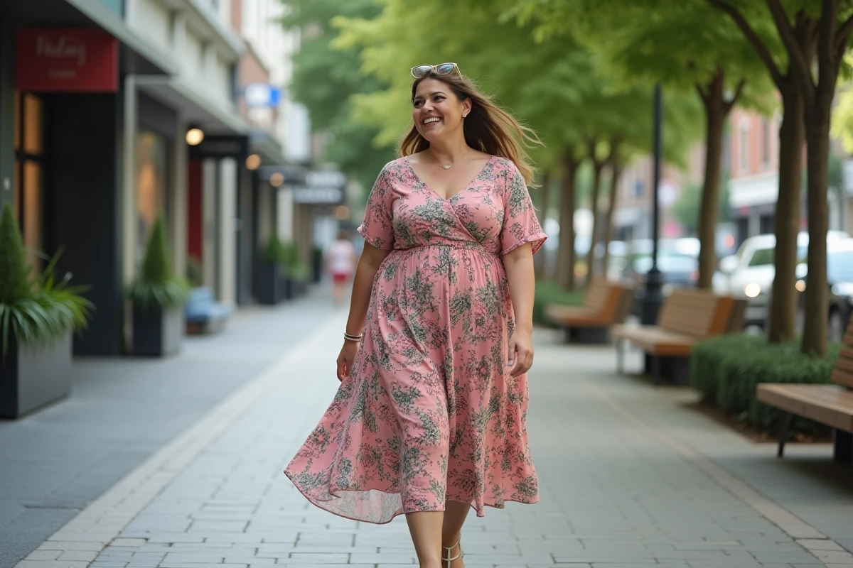 Femme joyeuse en robe florale marchant en ville