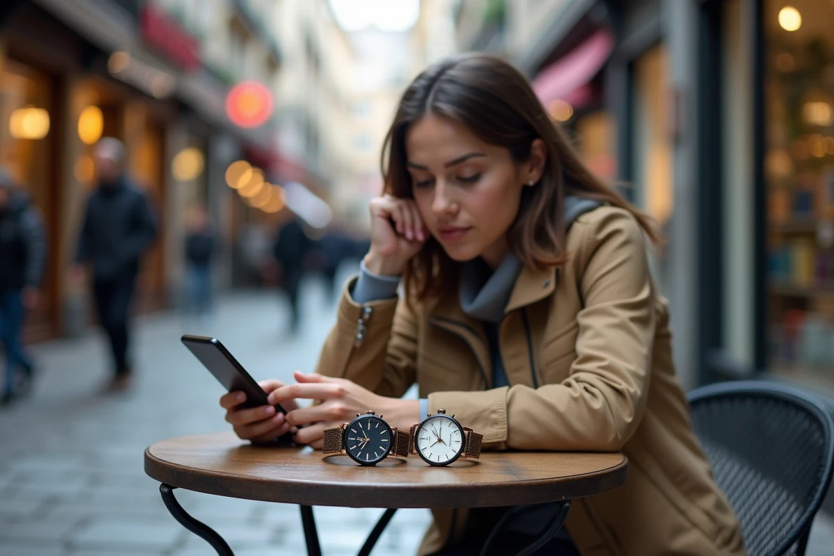 Jeune femme regardant ses montres au café en ville