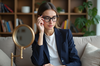 Femme essayant des lunettes dans un salon cosy et élégant
