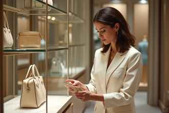 Femme élégante en tailleur ivoire dans une boutique de luxe