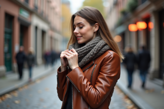 Femme en manteau en cuir brun et écharpe en laine dans la rue