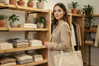 Femme portant un blazer en lin durable dans une boutique de mode éthique aux étagères en bois et vêtements bio
