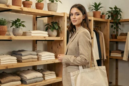 Femme portant un blazer en lin durable dans une boutique de mode éthique aux étagères en bois et vêtements bio