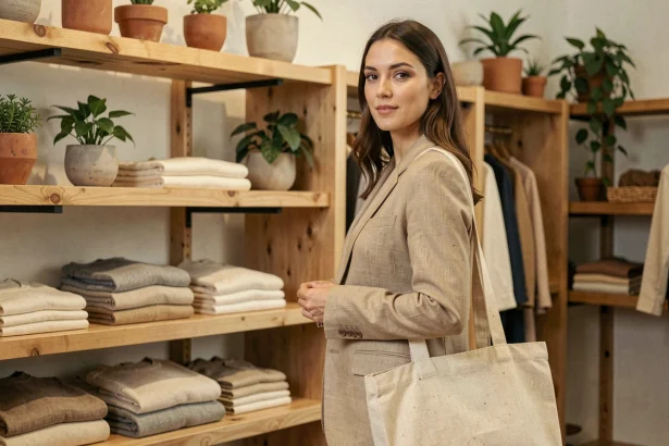 Femme portant un blazer en lin durable dans une boutique de mode éthique aux étagères en bois et vêtements bio