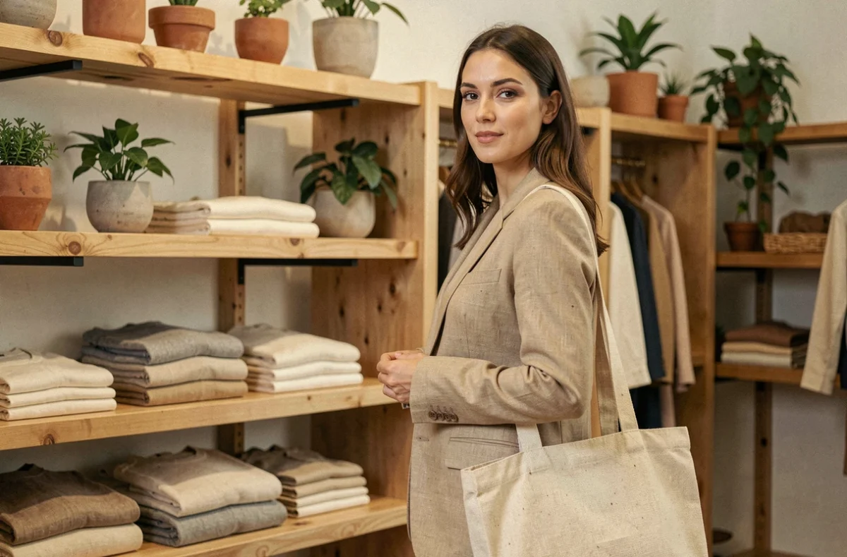 Femme portant un blazer en lin durable dans une boutique de mode éthique aux étagères en bois et vêtements bio