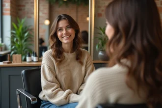 Femme souriante avec coupe mullet dans un salon moderne