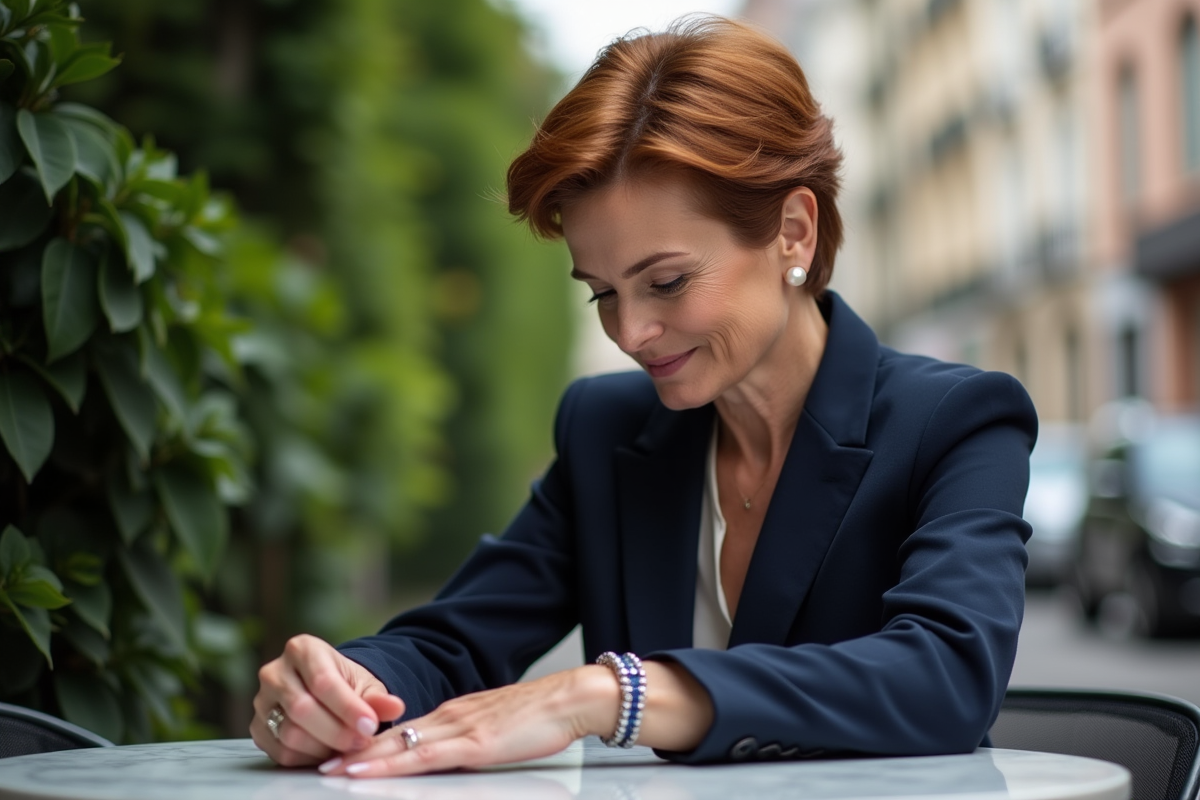 Femme mature admirant un bracelet en argent et saphirs