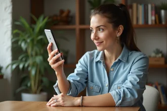 Femme en denim prenant en photo son anneau avec smartphone