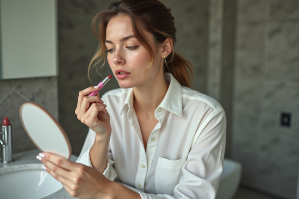 Jeune femme vérifiant ses lèvres dans un miroir