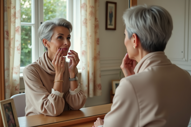 Femme élégante appliquant un rouge à lèvres naturel
