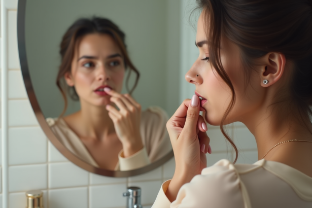 Femme regardant son reflet avec rouge à lèvres mal appliqué