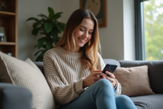 Jeune femme confiante utilisant son téléphone à la maison