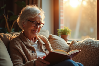 Femme senior souriante lisant un livre à la lumière naturelle