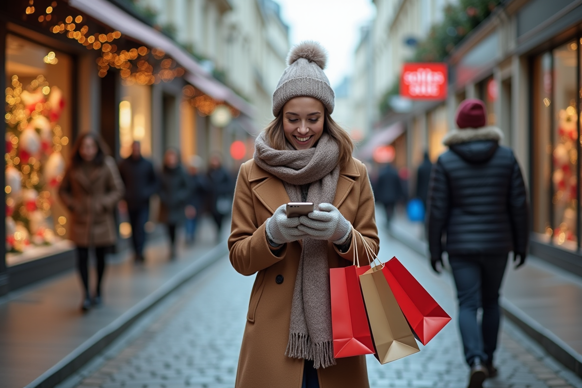 Femme souriante en hiver avec sacs et soldes