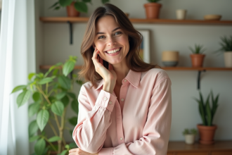 Femme souriante en chemise en lin pastel dans un intérieur lumineux