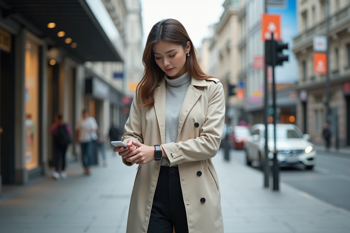 Femme dans la rue vérifiant sa montre et son téléphone