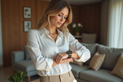 Femme élégante regardant sa montre dans un salon moderne