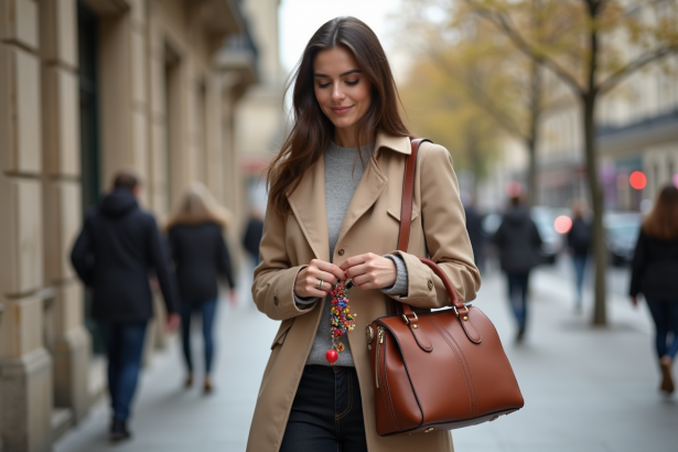 Femme élégante attachant un sac à la mode à Paris