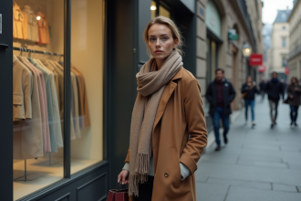 Femme en manteau camel dans une rue urbaine